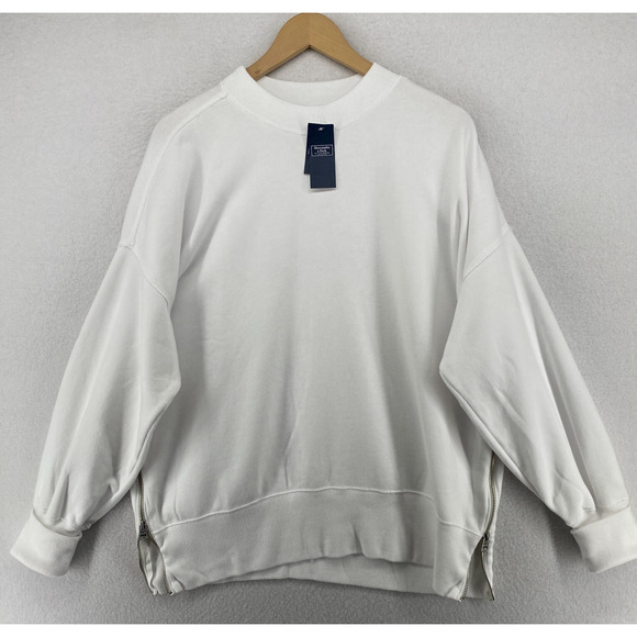 ABERCROMBIE & FITCH Sweatshirt Womens M Fleece Soft A&F Side Zip Slit White NEW - Picture 1 of 15